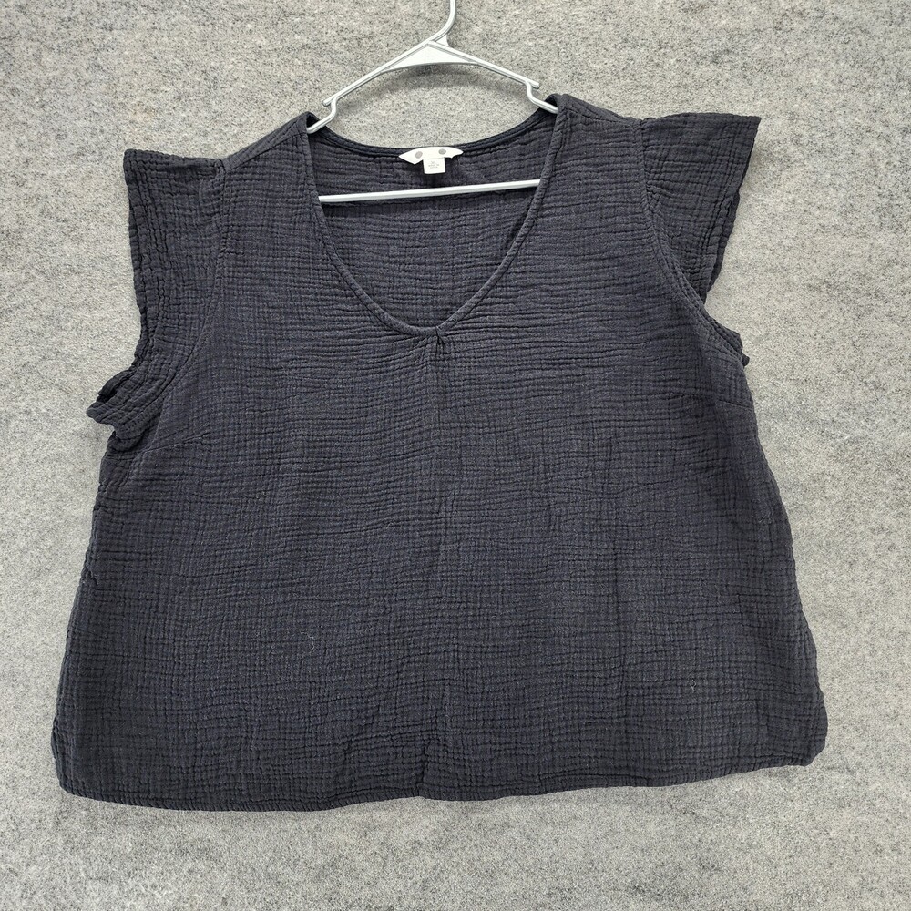 Three Dots Shirt Womens XL Black Gauzy V Neck